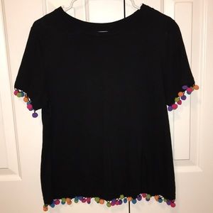 Black with Multi Colored Pom Poms Drop Tee
